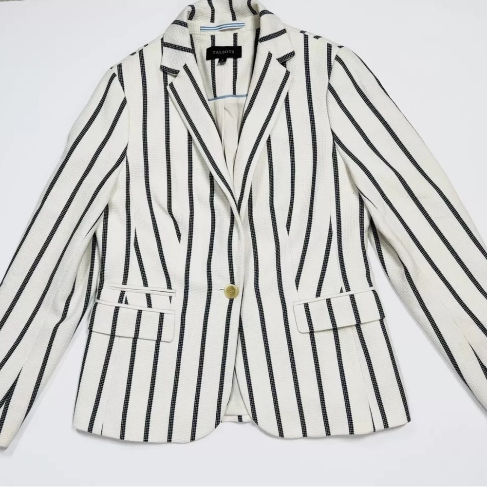 Talbots Cream & Navy Pinstripe Textured Blazer